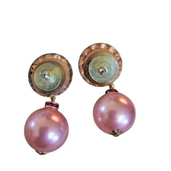 Huge Pink Rhinestone Bobble Faux Pearl Statement HOT PINK Pierced Earrings - Picture 6 of 9